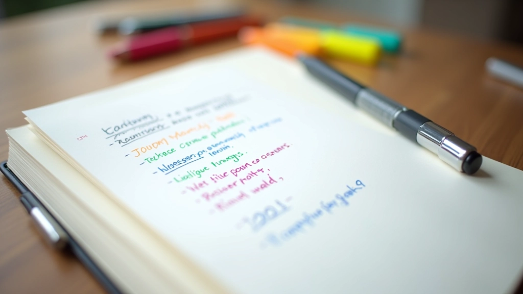 Structured bullet-point list written on notebook page with color-coded categories, highlighter and pen nearby, organized layout