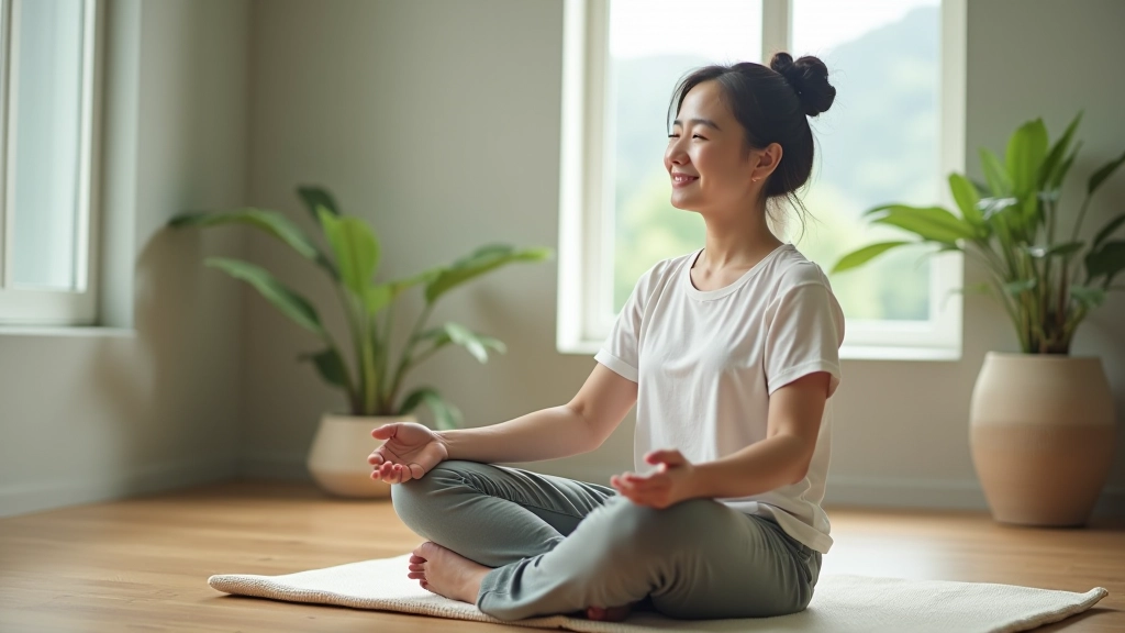 Person meditating peacefully, sitting on cushion near window with plants