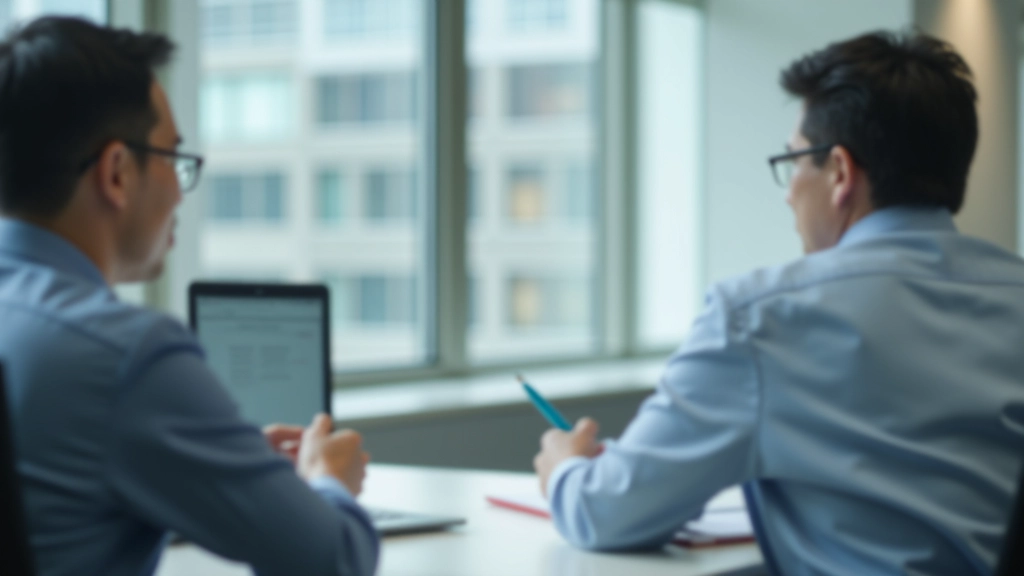 Two people in conversation, one listening attentively with thoughtful expression, professional office setting