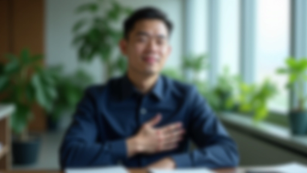 Man practicing breathing exercise at desk, hand on chest, focused expression, office setting with plants visible, natural lighting creating calm atmosphere