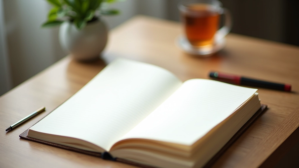 Open journal with handwritten notes, pen, and cup of tea on wooden table, peaceful setting