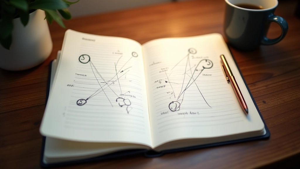Notebook with written emotional patterns and connections drawn between entries, visual mapping of triggers and responses