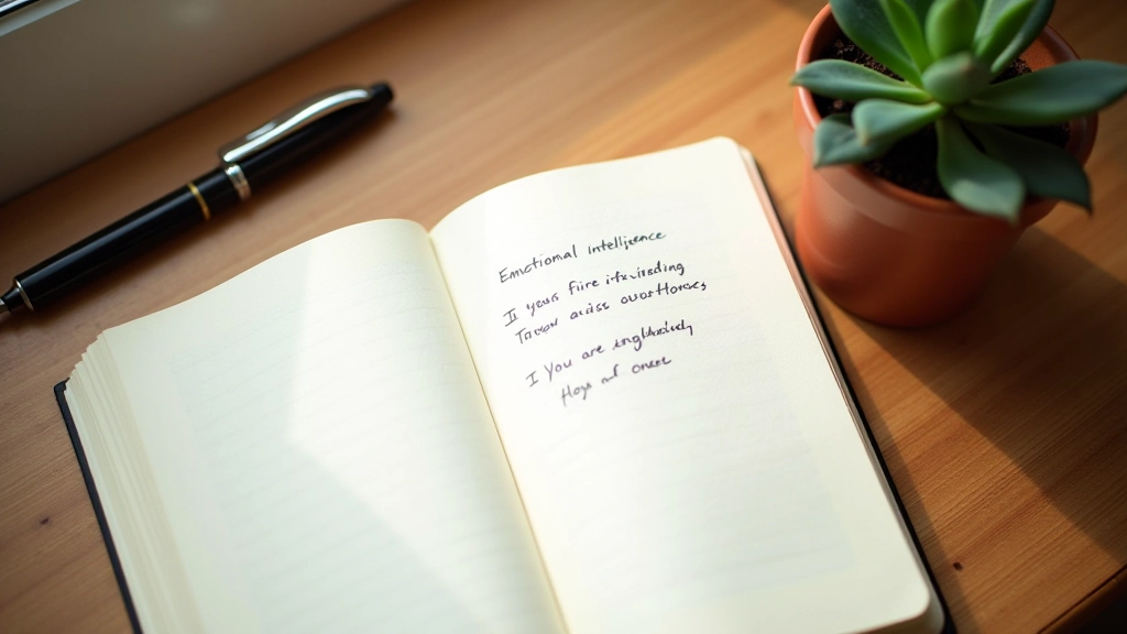 Open notebook with handwritten reflections, pen and plant on wooden surface, warm natural lighting