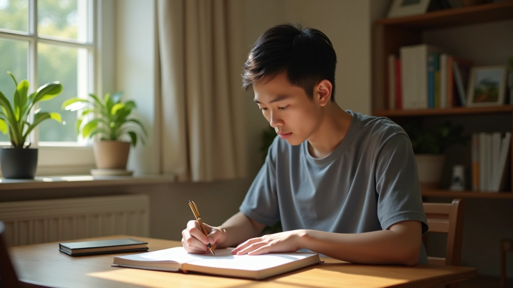 Person writing in journal with pen, morning sunlight on wooden desk, peaceful home setting