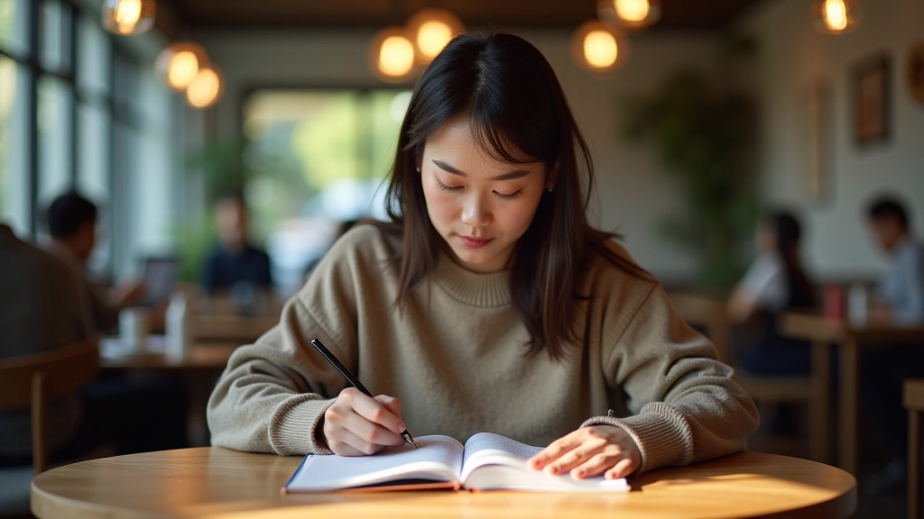 Person writing in a journal at a quiet cafe, natural morning light streaming through window, focused expression, peaceful moment