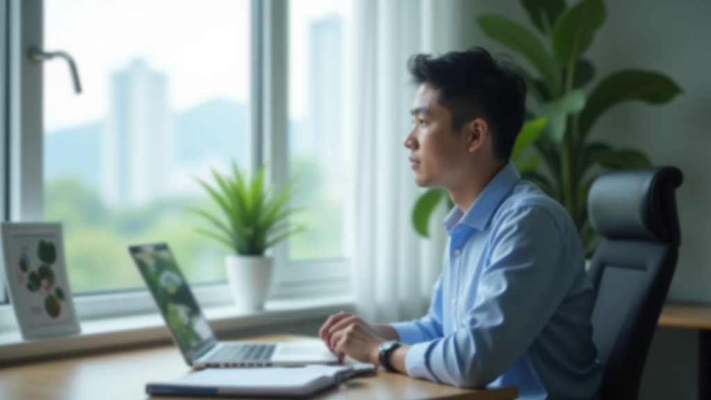 Person at desk looking out window with thoughtful expression, morning light, professional workspace