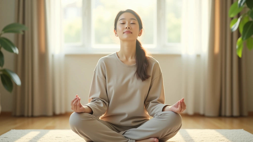Person meditating in peaceful room, eyes closed, cross-legged position, soft natural lighting