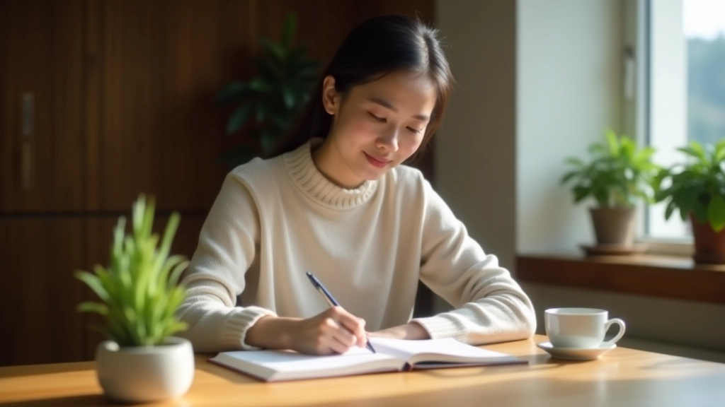 Person journaling at table, pen in hand, notebook open, contemplative expression, warm lighting, plants nearby, peaceful workspace