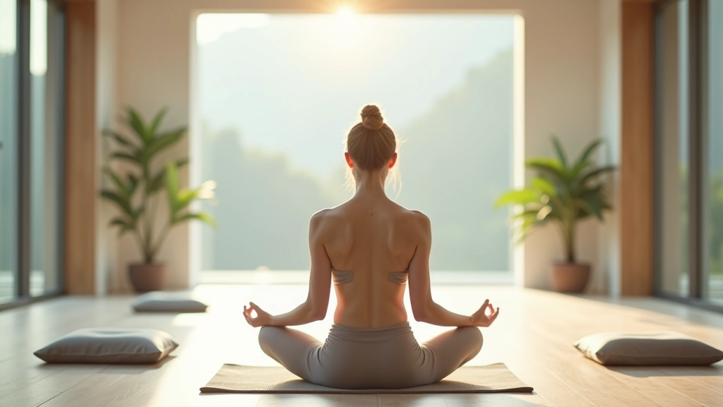 Modern wellness space with meditation cushions and natural light, peaceful environment for emotional development