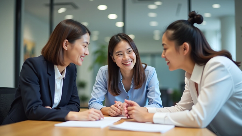 Team members collaborating at table with positive energy, smiling, professional teamwork environment