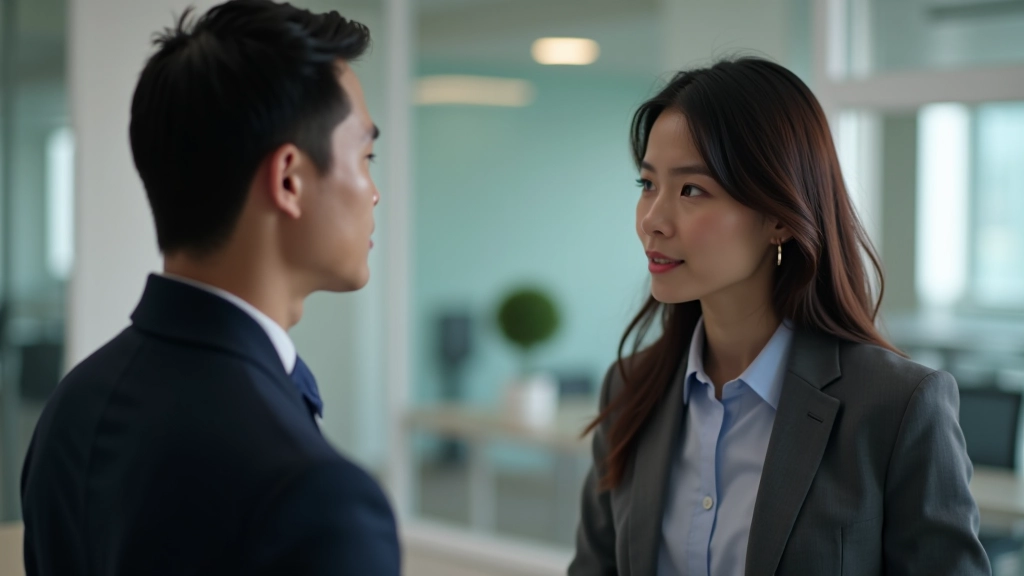 Two people in conversation, listening intently, warm professional setting, engaged body language