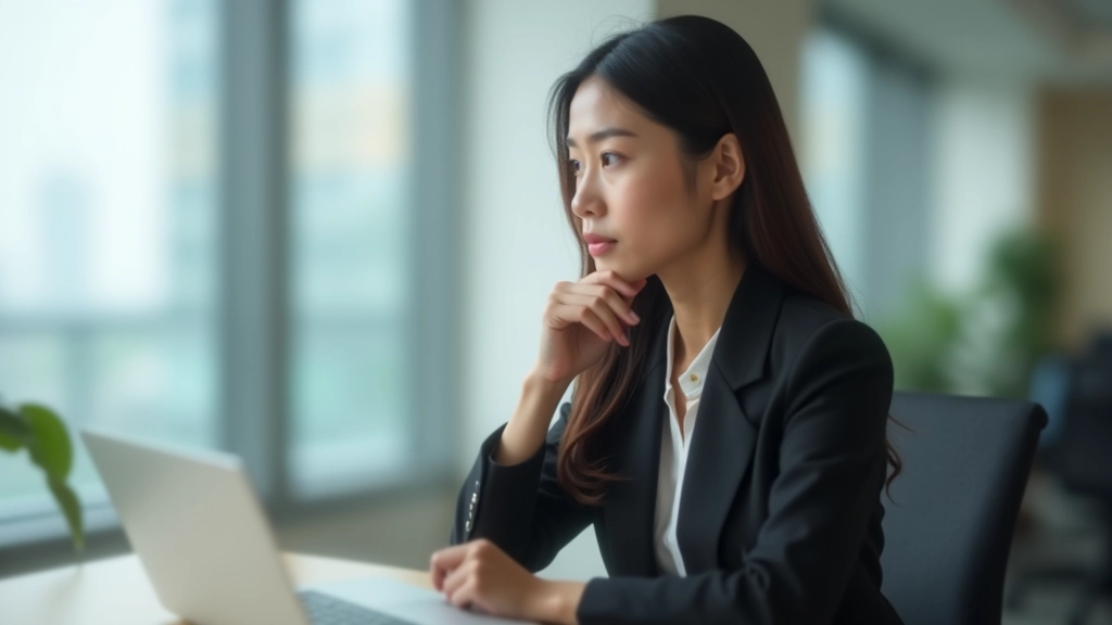 Professional in modern office, sitting at desk with notebook and coffee, focused expression, natural window light