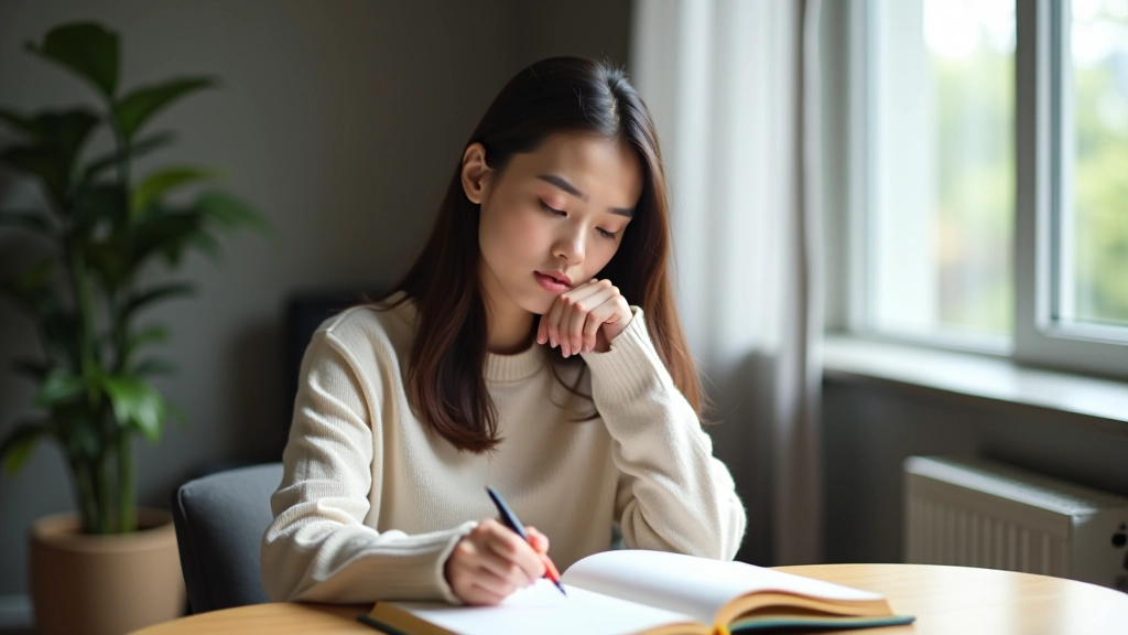 Woman sitting at desk with notebook, thoughtful expression, morning light streaming through window