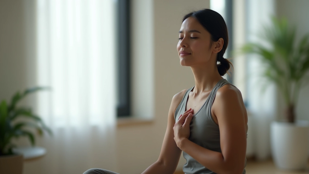 Woman sitting in meditative pose by window with natural light, hand on chest, calm centered expression, peaceful environment