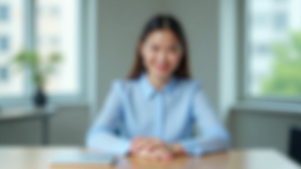 Calm professional woman sitting at modern desk, mindful expression, hands relaxed on desk, natural window lighting, peaceful office environment