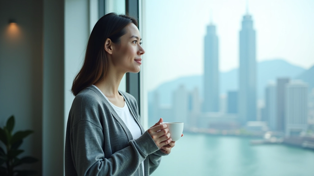 Professional taking break, looking out window with coffee cup, relaxed posture, modern office setting, natural light streaming through windows